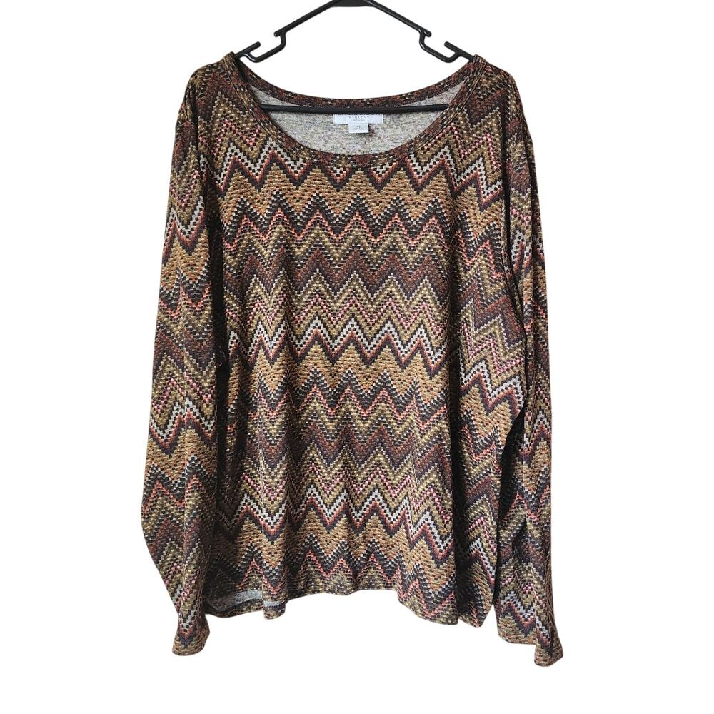 Sag Harbor Blouse Knit Top Womens Size 3X Zig Zag Long Sleeve Round Neck Brown